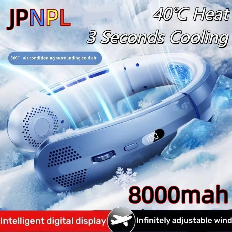 Portable Neck Fan – 8000mAh, LED Display, Quiet Cooling
